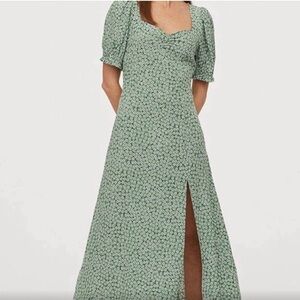 H&M Green Floral Midi Puff Sleeve Dress XS